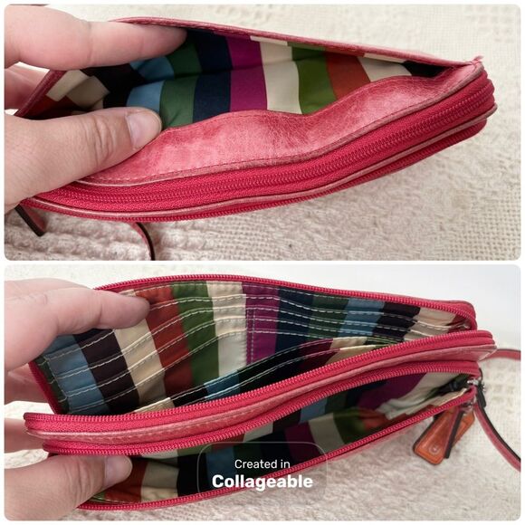 Coach Large Leather Wristlet Coral Red Double Zip Clutch Distressed - Picture 6 of 8